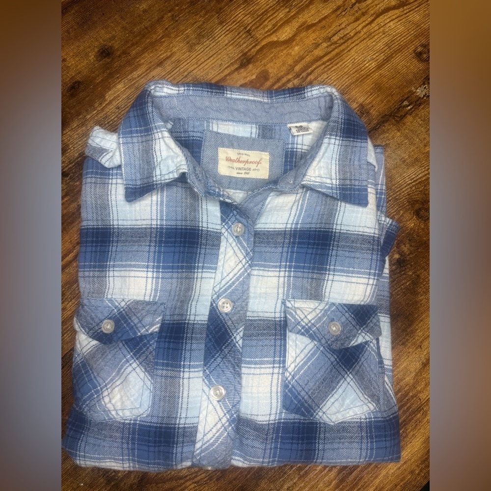 Weatherproof Vintage Blue and White Plaid Shirt